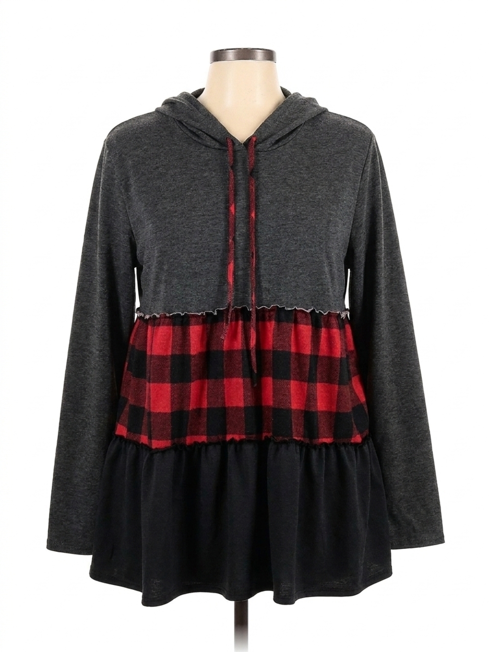 NEW HEIMISH USA tiered babydoll hoodie top in charcoal/red